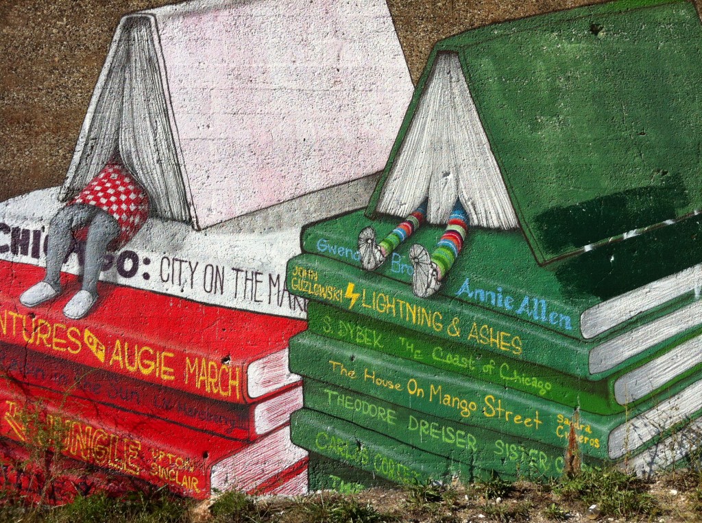 One of many murals along 16th street railroad tracks Chicago pilsen neighborhood books mural