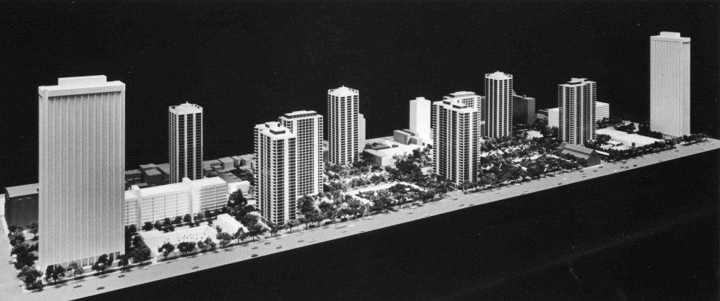 Model of Carl Sandburg Village, white rectangles on the ground on the north and south sides are Sandburg's pools Model of Carl Sandburg Village, white rectangles on the ground on the north and south sides are Sandburg's pools