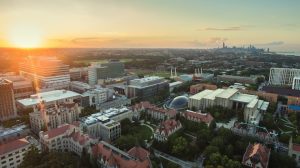 University of Chicago campus architecture walking tour campus skyline drone photo