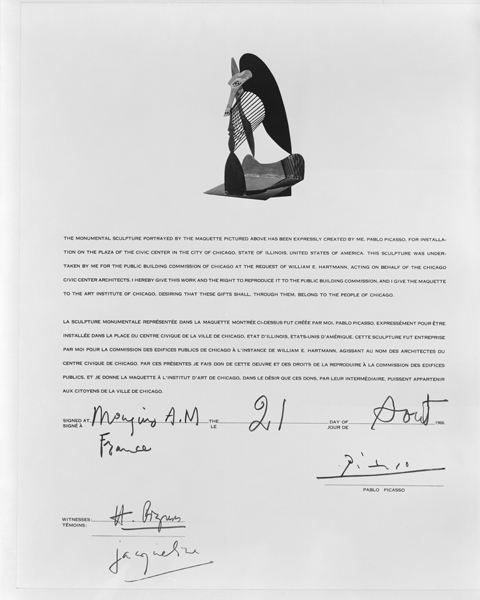Letter of Authenticity, Signed by Pablo Picasso. Image from Chicago History Museum Letter of Authenticity, Signed by Pablo Picasso. Image from Chicago History Museum chicago history and architecture