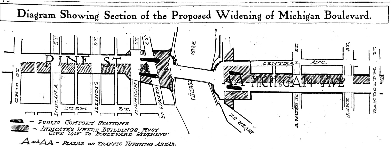 Proposal to widen Pine Street to become North Michigan Ave. Picture from Historic Chicago Tribune, 1911.